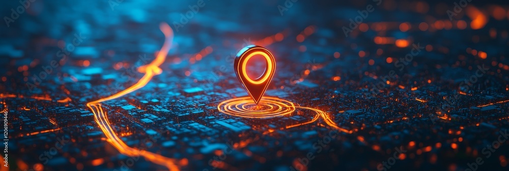 Poster glowing location pin on abstract city map.