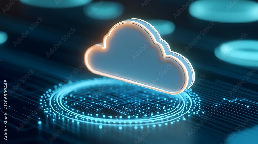 Poster modern cloud computing concept with light effects and digital circuit elements for technology backgr