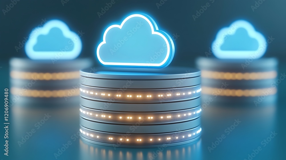 Poster modern cloud computing concept with neon cloud icon above data storage units in a futuristic environ