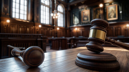 Courtroom setting with gavel and wooden table during a legal proceeding