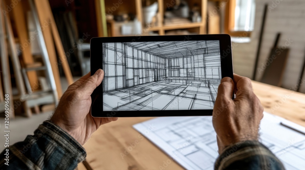 Poster hands holding tablet displaying digital blueprint of modern architectural interior design in cozy wo