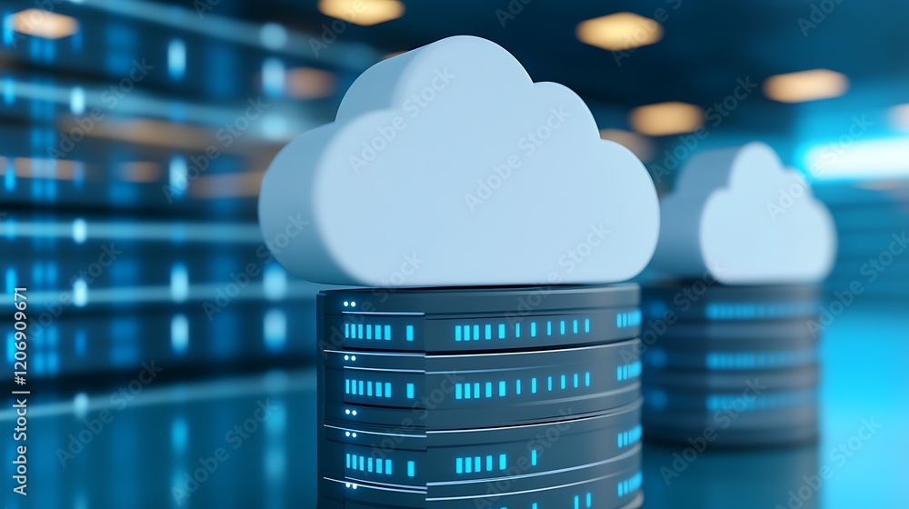 Poster modern cloud computing concept with server data storage and digital infrastructure in blue lighting