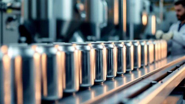 Aluminum Cans Moving On A Conveyor Belt In A Factory