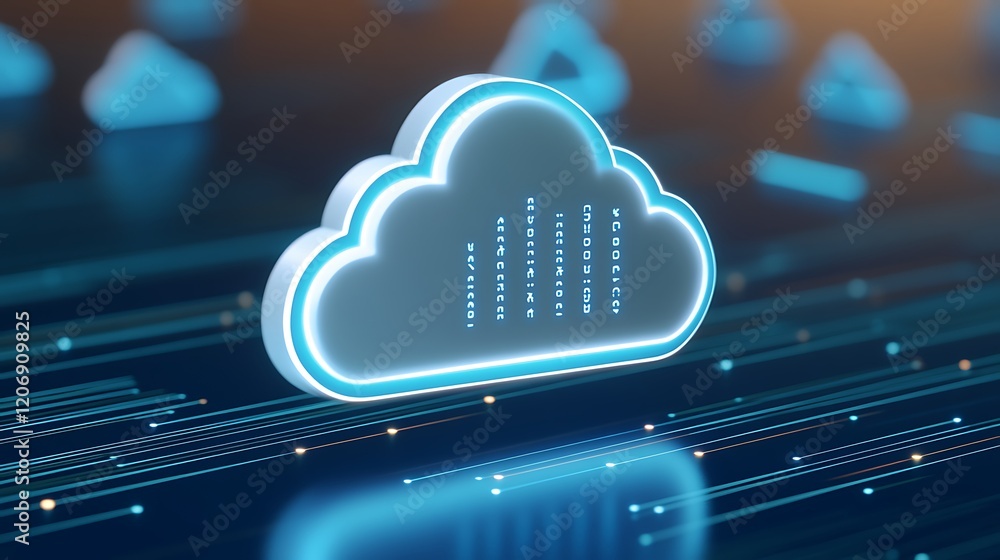 Poster modern cloud computing technology with digital data flow and networking elements in futuristic backg