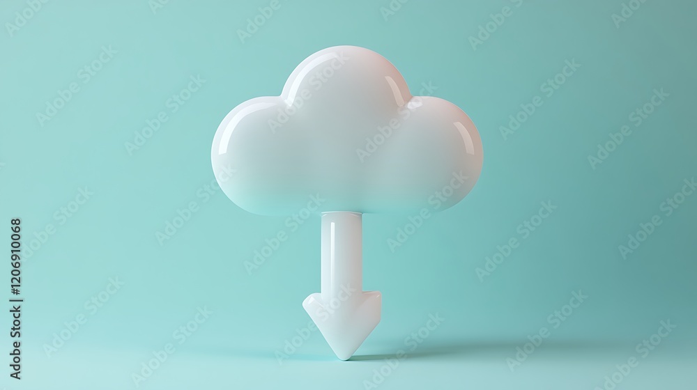 Poster modern cloud icon with downward arrow design on a soft blue background for technology and data conce