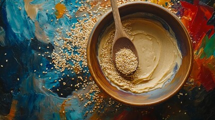 43.Tahini made from sesame seeds. Tahini and delicious sesame paste in the bowl on top of the seeds