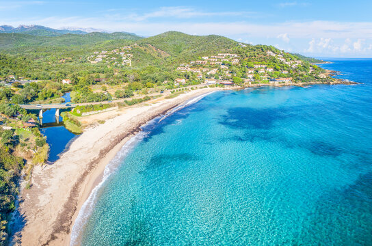 Aerial view with Plage de Tarco in Corsica island, France
