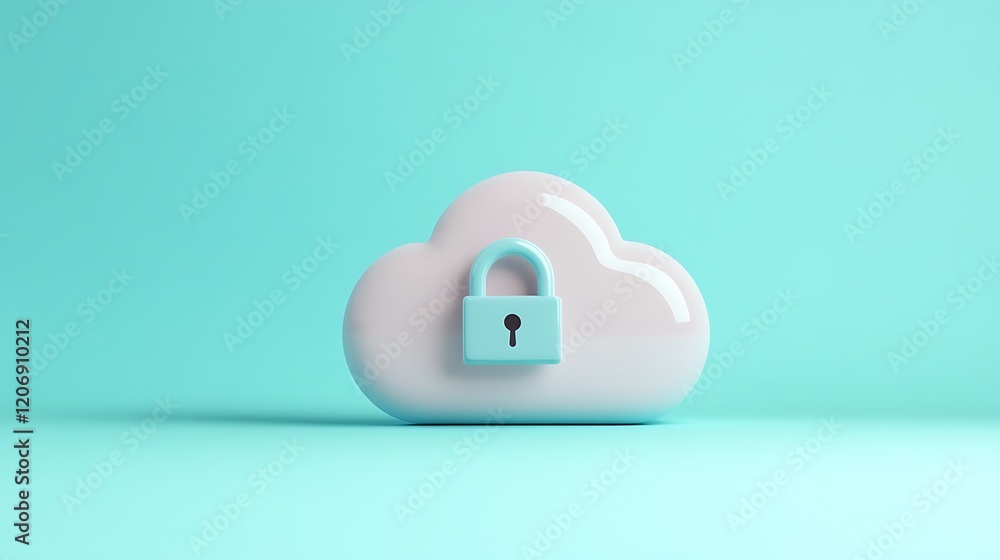 Poster modern cloud storage concept with lock symbol representing data security and privacy on a light blue