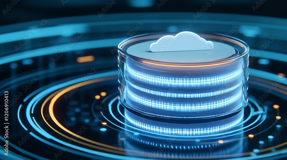 Poster modern cloud storage concept with neon lights and circular data patterns for digital technology back