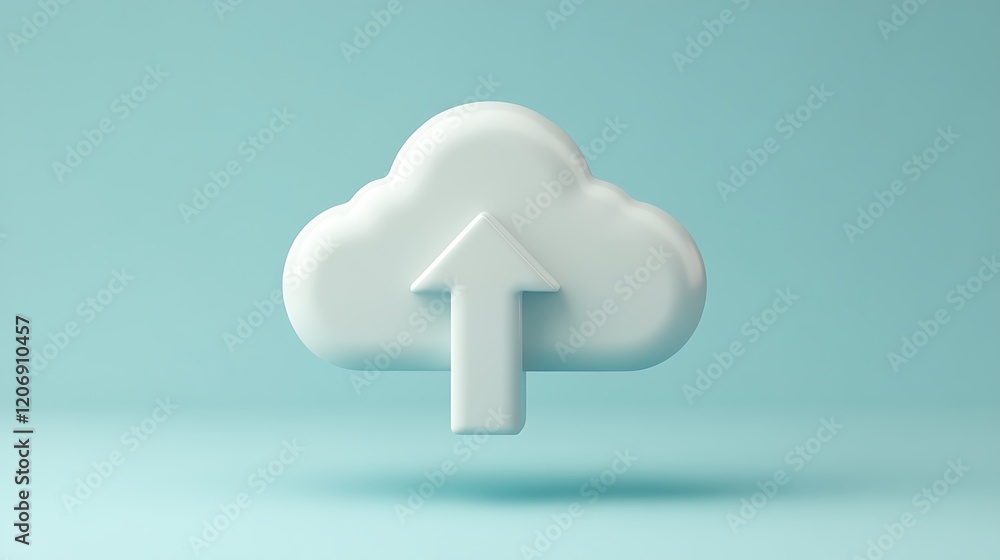 Poster modern cloud symbol with arrow indicating upload action on soft blue background for digital content