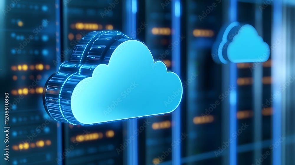 Poster modern concept of cloud computing with glowing cloud icons in a data center background