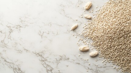 53.A delicate arrangement of white sesame seeds on a marble surface, with a few scattered seeds adding texture and a sense of culinary spontaneity.