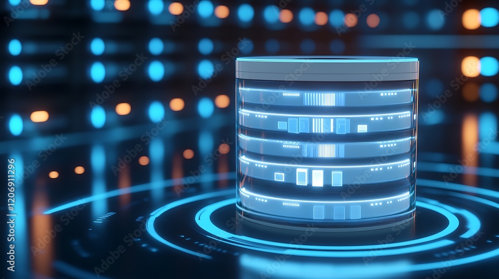 Poster modern data storage technology with futuristic design and digital interface displaying information h