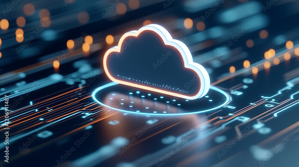 Poster modern digital cloud icon surrounded by futuristic circuitry on dark background with glowing element