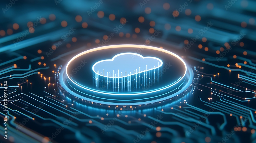 Poster modern digital cloud icon set against futuristic technology background with circuit patterns and glo