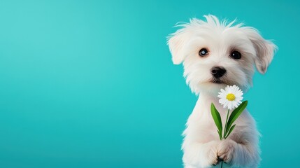 A cute puppy holding a flower against a bright turquoise background.