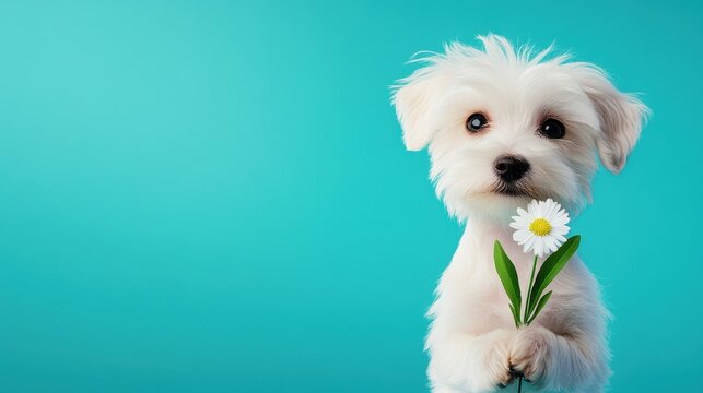 A cute puppy holding a flower against a bright turquoise background.
