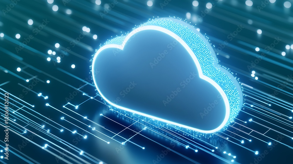 Poster modern digital cloud technology concept with neon lights and data connections in a futuristic settin