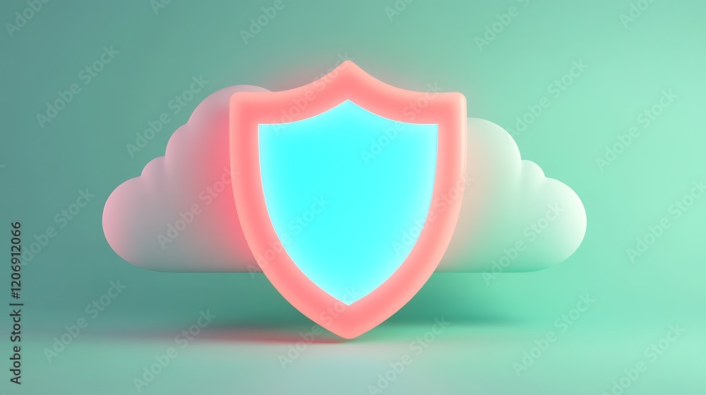 Poster modern digital shield concept above soft cloud on gradient background for cybersecurity and protecti