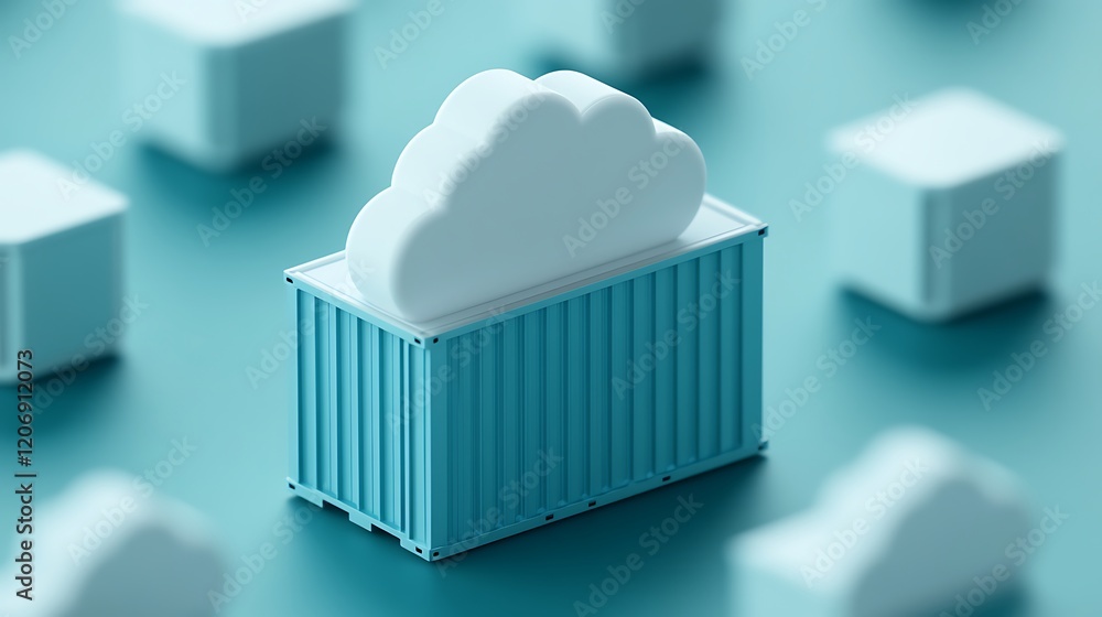 Poster modern digital storage solution with a blue shipping container and cloud symbol on teal background