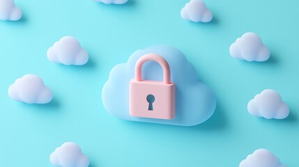 Modern digital security concept with cloud storage and padlock on pastel blue background