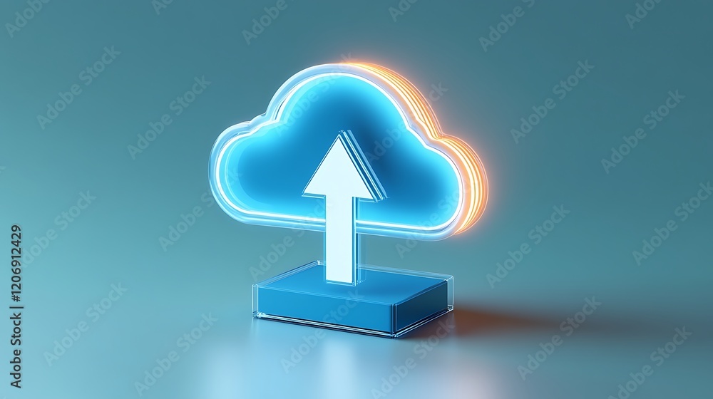 Aufkleber neon blue cloud icon with arrow symbolizing data upload and digital storage concept