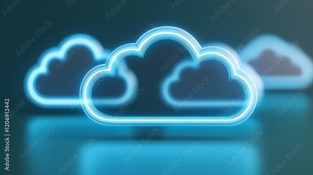 Poster neon blue cloud icon with soft glowing effect on a subtle background for digital and technology conc
