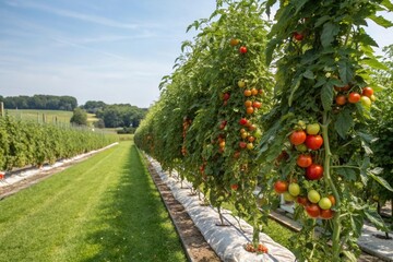Abundant tomato vines stretching across a sunny garden landscape, juicy red tomatoes, natural beauty, lush green gardens