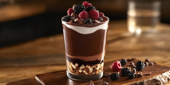 Layered chocolate dessert parfait with raspberries and blackberries.