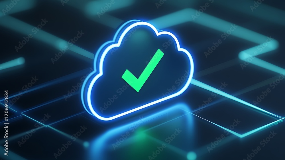 Poster neon cloud icon with check mark symbolizing successful data transfer and digital storage innovation