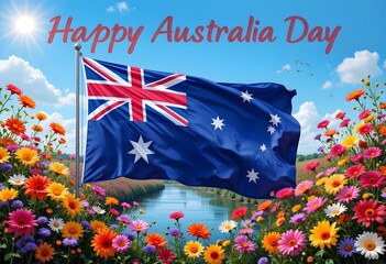 Happy Australia Day Celebration with Flag and Flowers 