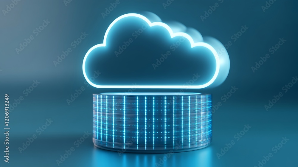 Poster neon cloud symbol with glowing base and data patterns representing modern technology and digital con