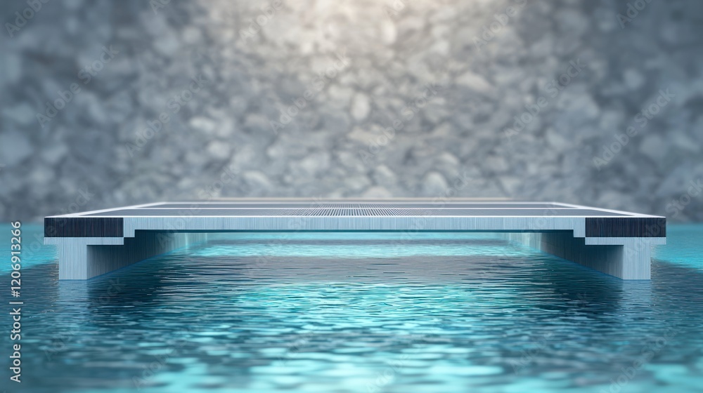 Poster abstract minimalist platform floating on teal water with a gray stone background