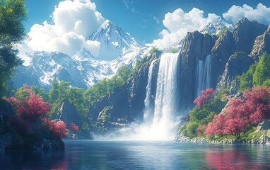 Majestic Mountain Waterfall Panoramic View