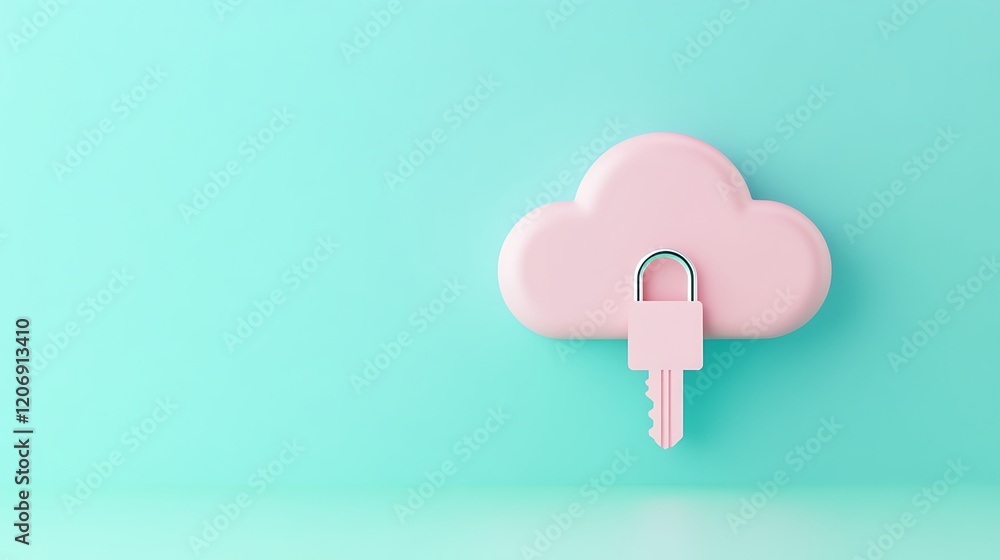 Poster pink cloud with padlock and key on turquoise background for security and technology themes