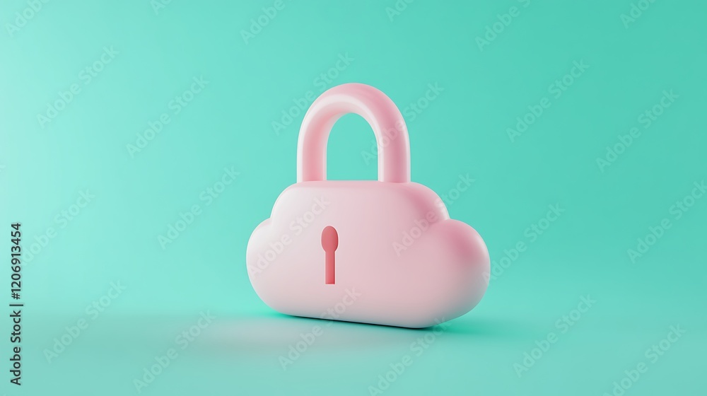 Poster pink cloud with padlock representing digital security and privacy concept in a modern minimalist des