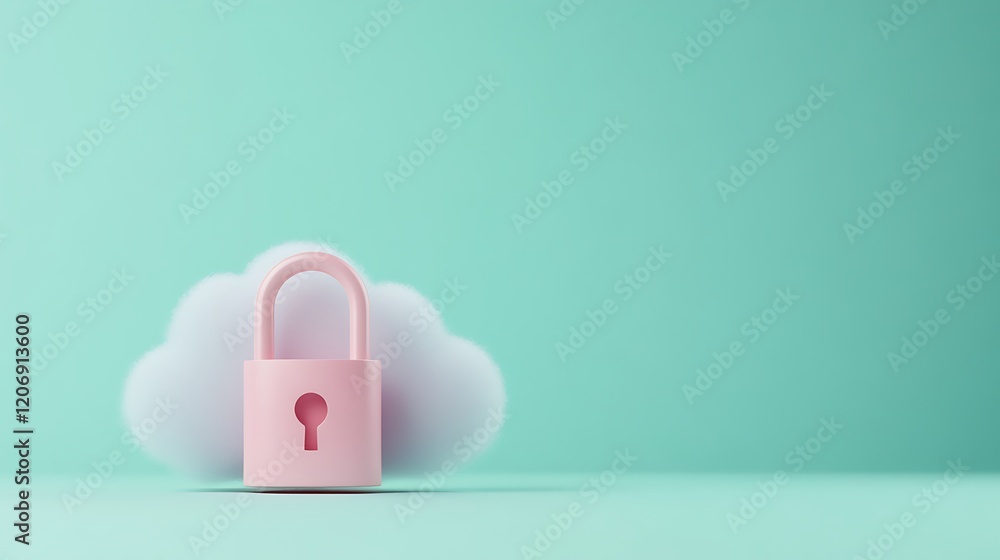 Poster pink padlock with keyhole in front of a cloud symbolizing online security and data protection concep