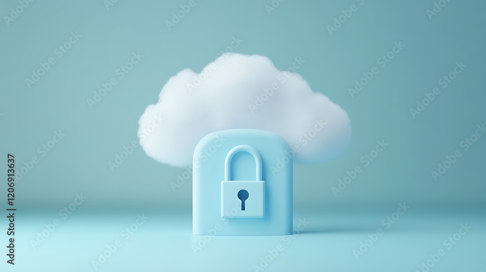 Poster secure cloud computing concept with lock and soft cloud illustration in blue background