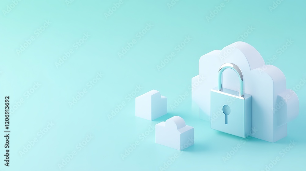 Poster secure cloud computing with lock and cloud shapes in soft blue tone for digital protection concept
