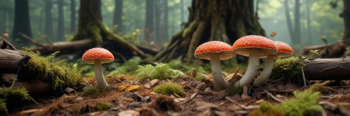 Fototapeta premium Amanita pantherina mushroom growing on the forest floor amidst decaying logs and tree roots, amanita pantherina habitat, woodland fungi, nature photography
