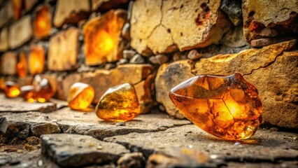amber seeps from the cracks of an old stone foundation, storage, shelf, worn, dusty