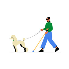 Blind Girl Walking A Guide Dog In Flat Vector Illustration Symbolizing Disability Awareness, Independence, And Accessibility, Isolated On White Background.