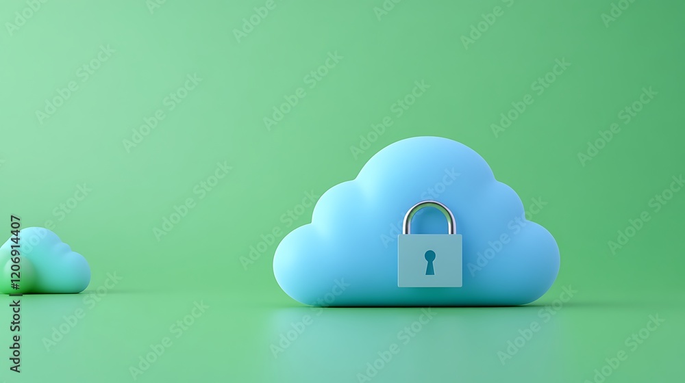 Poster secure cloud storage concept with padlock symbol on green background for data safety and privacy pro