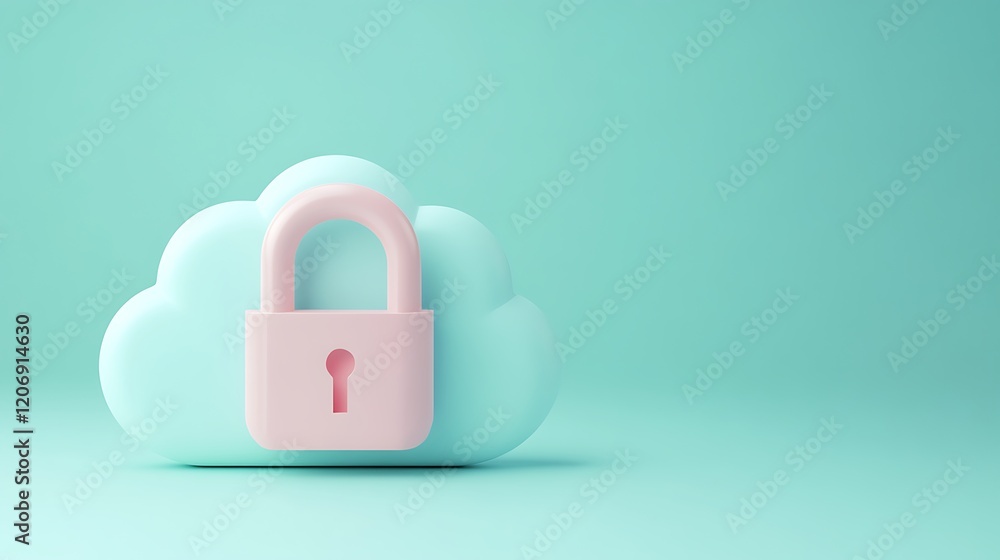 Poster secure digital cloud storage concept with padlock icon on soft mint green background for data protec