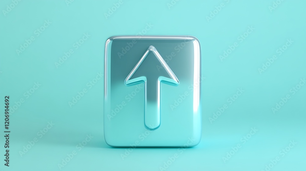 Poster shiny metallic arrow symbol on mint green background for modern digital design and user interface co