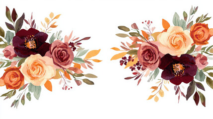 Autumnal watercolor floral arrangement: burgundy, peach, and orange roses