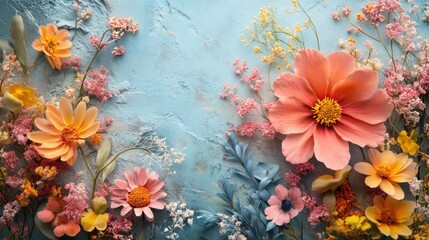 Vibrant floral arrangement with pastel hues against a soft blue background showcases nature's beauty