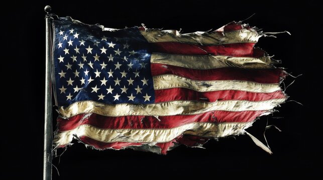 Tattered American flag waving in darkness	 - Powered by Adobe