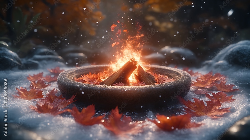 Poster Winter Fire Embraces Autumn Leaves in Stone Bowl