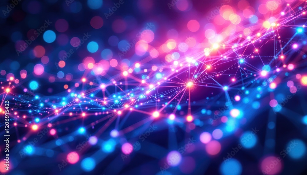 Poster abstract network background with vibrant neon lights and bokeh effects
